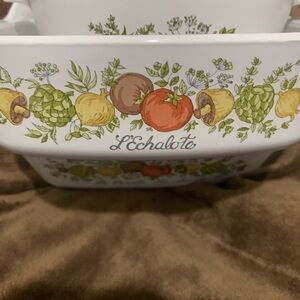 L’Echalote (3)White Ceramic Baking Dishes with Colorful Vegetable Design.No lids